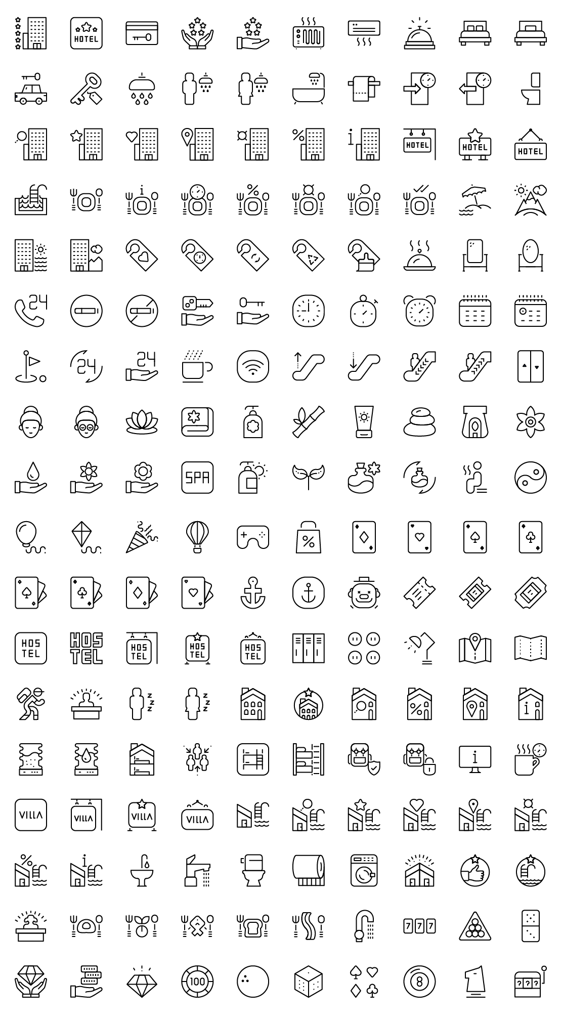 accommodation and leisure line icons
