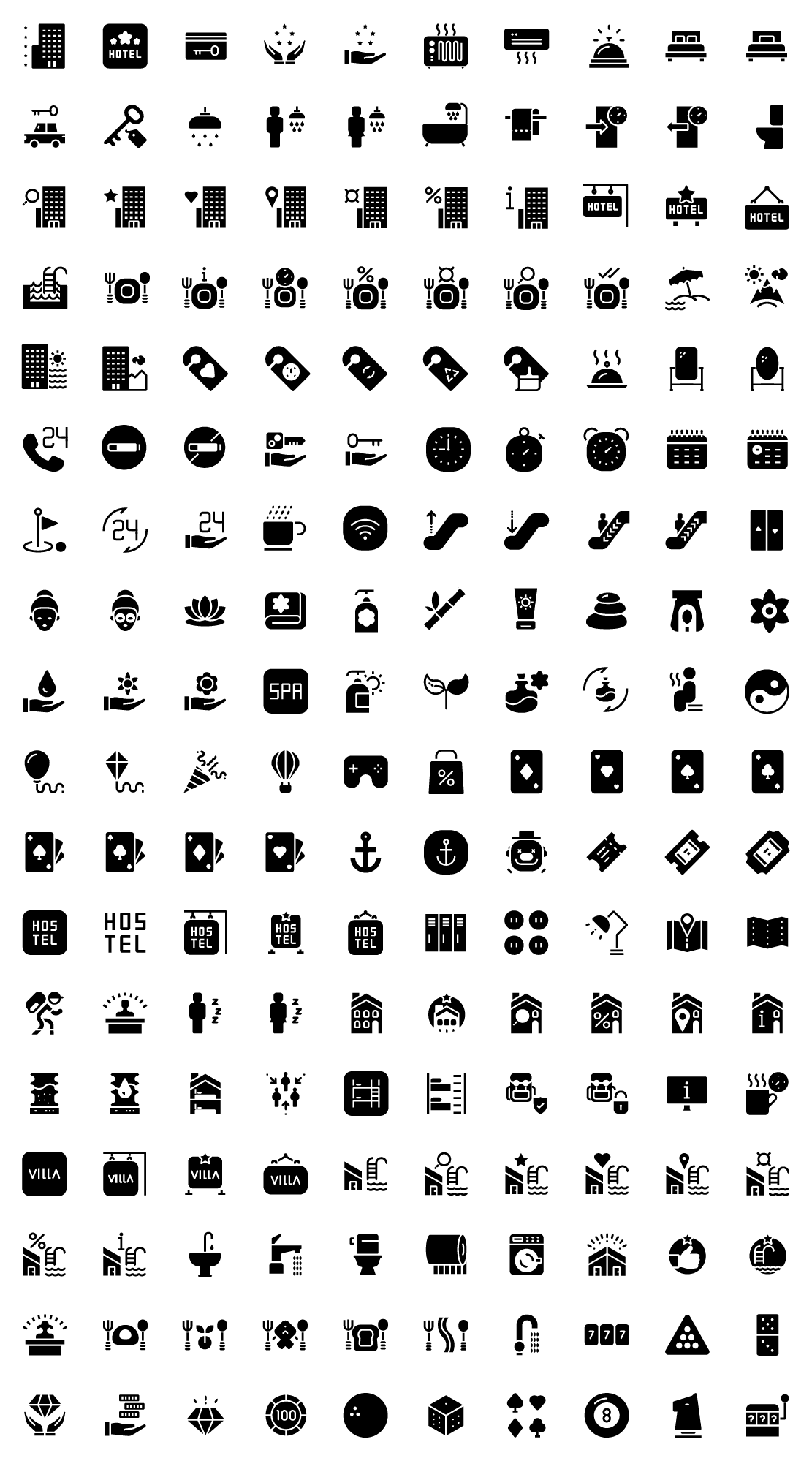 accommodation and leisure solid icons